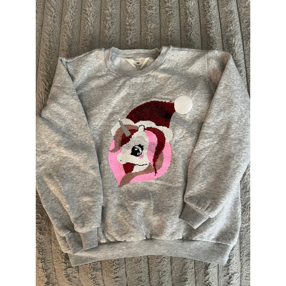 HM Kids Gray Sequin Unicorn Santa Hat Christmas Holiday Sweatshirt Size 8-10Y